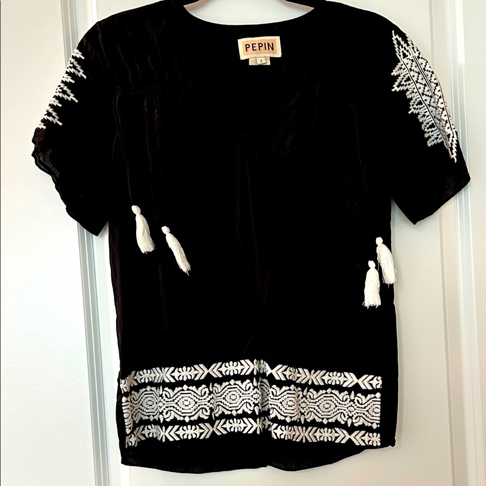 Pepin Black Top with White Embroidery and Tassels